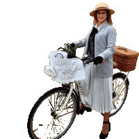 a woman wearing a hat and glasses is standing next to a bicycle that says notta