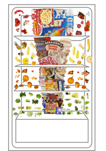 a drawing of a refrigerator filled with various foods including a bag of ranch dressing