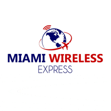 a logo for miami wireless express with a globe in the center