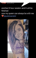 a woman has a tattoo of her face on her arm .