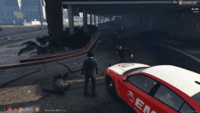 a screenshot of a video game shows a car that says em on it