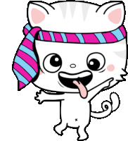 a cartoon cat wearing a pink and blue striped scarf