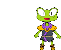 a cartoon of a green frog wearing a purple necklace