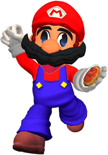 a cartoon character with a red hat and overalls has a m on his hat