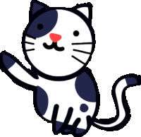 a black and white cat with a red nose waving its paw