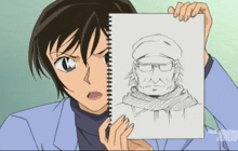 a woman is holding a drawing of a man with glasses and a hat