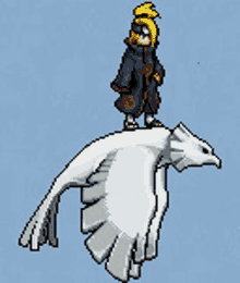 a pixel art of a person standing on top of a flying bird