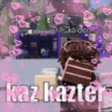 a picture of a girl holding a piece of cake with the name kaz kazter on it