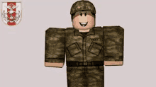 a roblox character in a military uniform is smiling and standing on a white background .