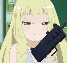 a cartoon girl with blonde hair is holding a gun