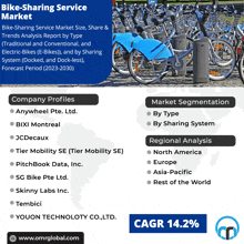 a flyer for the bike-sharing service market shows the company profiles and market segmentation