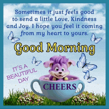 a good morning message with a purple bunny in a blue cup