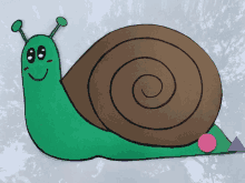 a green snail with a brown shell has a pink circle on its tail