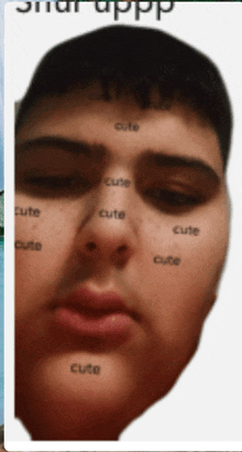 a close up of a man 's face with the word cute written on his face