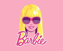 a barbie doll wearing sunglasses and a pink background