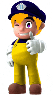 a cartoon character wearing a blue hat and yellow overalls is giving a thumbs up