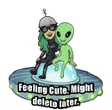 a cartoon of a woman and an alien sitting on a saucer .