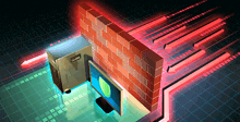 a computer is behind a brick wall with a red arrow going through it