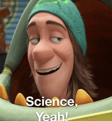 a cartoon character with the words science yeah written on it