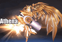 a video game character named athena is holding a shield and wings