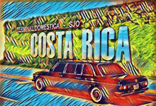 a painting of a car driving down a road with the words costa rica written on it