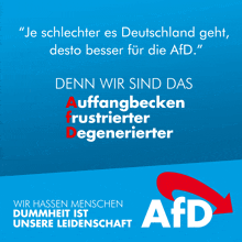 a blue and white ad for afd with a red arrow