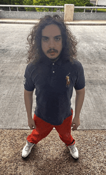 a man with long curly hair is wearing a polo shirt with a horse on the front