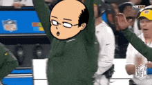 a cartoon of a bald man in a green hoodie is giving a high five while watching a football game .