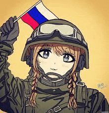 a girl in a helmet and goggles is holding a russian flag .