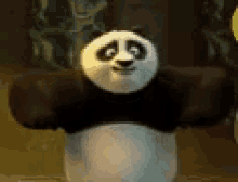 a panda bear is standing with its arms outstretched and making a face .