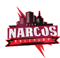 a logo for narcos roleplay with a city in the background