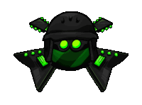 a cartoon drawing of a robot with green eyes and a black helmet