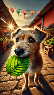 a dog holds a green leaf in its mouth in front of a market