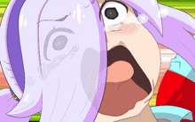 a cartoon drawing of a girl with purple hair and a surprised look on her face