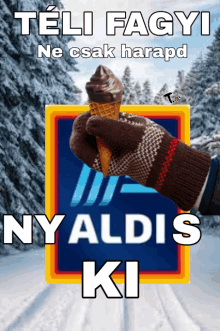 a person is holding an ice cream cone in front of a sign that says ny aldis ki