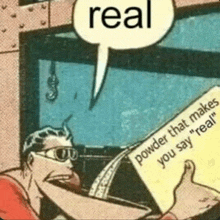 a comic strip shows a man reading a paper that says " real "