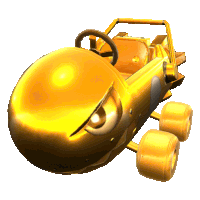 a golden cartoon car with a steering wheel