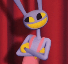 a purple rabbit with yellow eyes and yellow teeth is standing on a stage with his arms crossed and smiling .