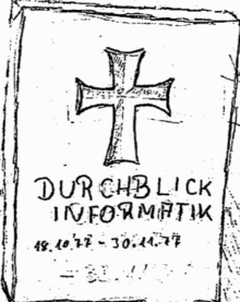 a black and white drawing of a cross that says durchblick