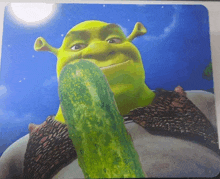 shrek from shrek eating a cucumber on a blue background