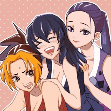 three anime girls are posing for a picture together and smiling .