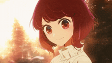 a close up of a girl with red hair and red eyes