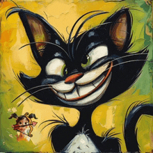 a painting of a black cat with a big smile