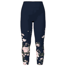 a pair of blue leggings with pink and white flowers and butterflies on them