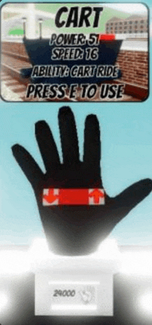 a black glove with a red arrow on it is sitting on a white box .