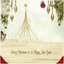 a merry christmas and a happy new year card with a christmas tree