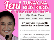 a woman with a microphone in front of a pink background that says leni tunay na bilis kilos