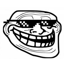 a black and white drawing of a troll wearing sunglasses and a big smile .