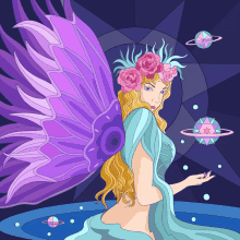 an illustration of a fairy with purple wings and flowers in her hair