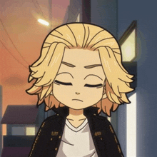 a cartoon character with blonde hair is wearing a black jacket and a white shirt with his eyes closed .